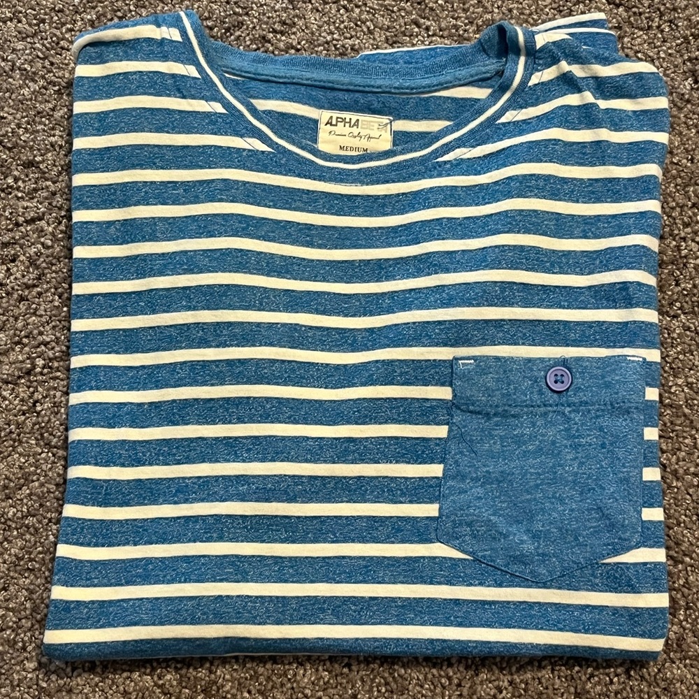 Alpha Mottled Blue & White Striped Short Sleeve Tee with Pocket